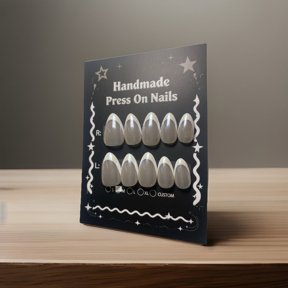 Glazed Chrome French Tip Press On Almond Shape Luxurious Neutral Nail Glam